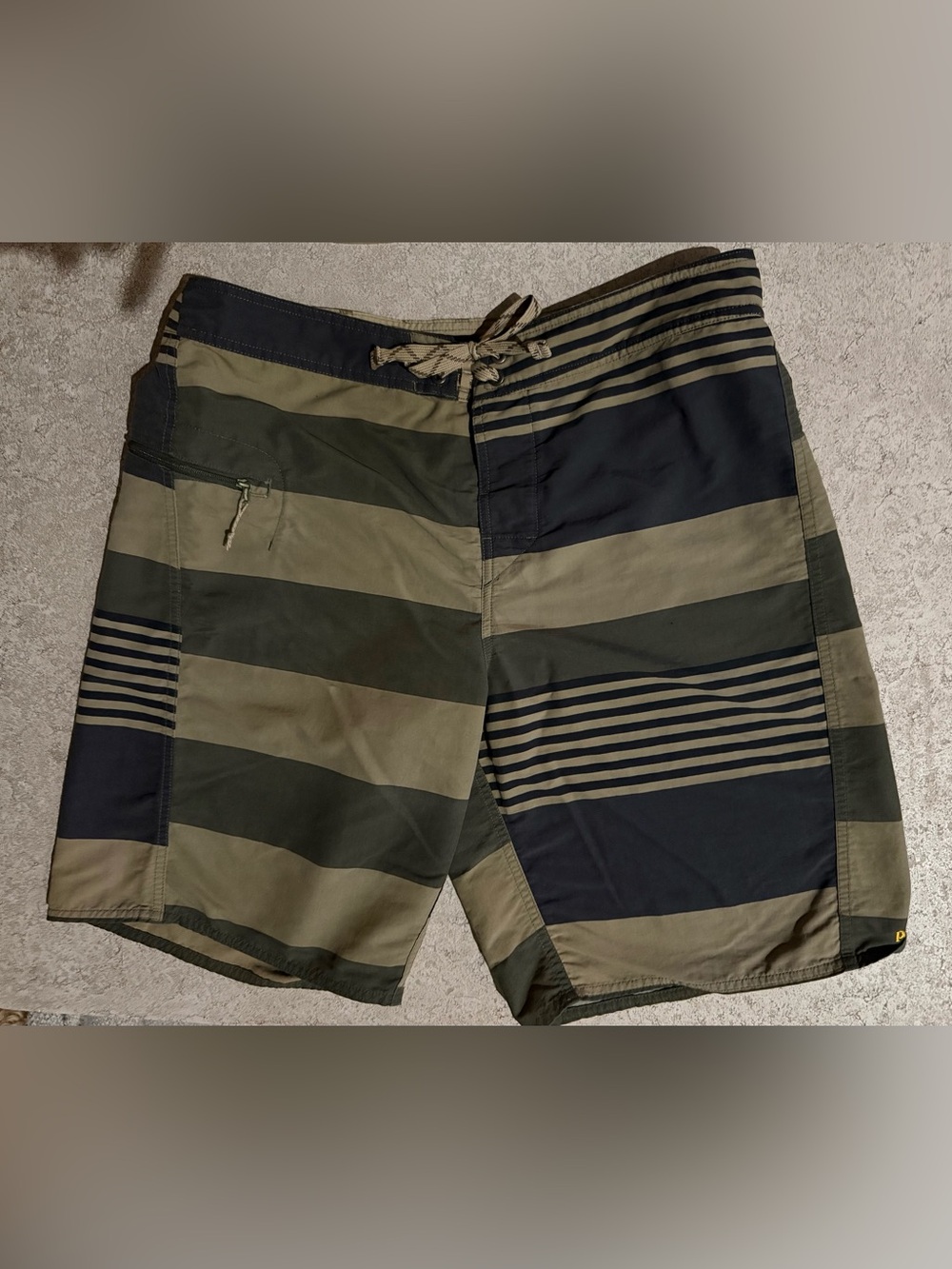 Patagonia Olive Green and Black Striped Board Shorts